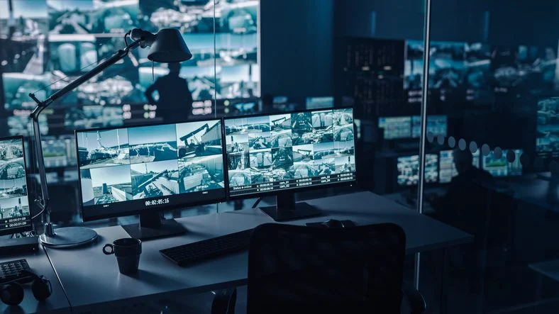 Control room monitoring security cameras